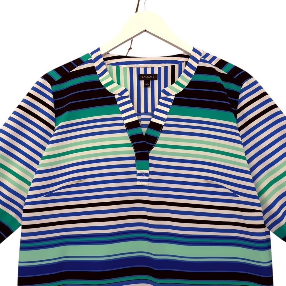Talbots Womens Blue Green Striped Split Neck 3/4 Sleeve Button Tab Top Large - Picture 6 of 9